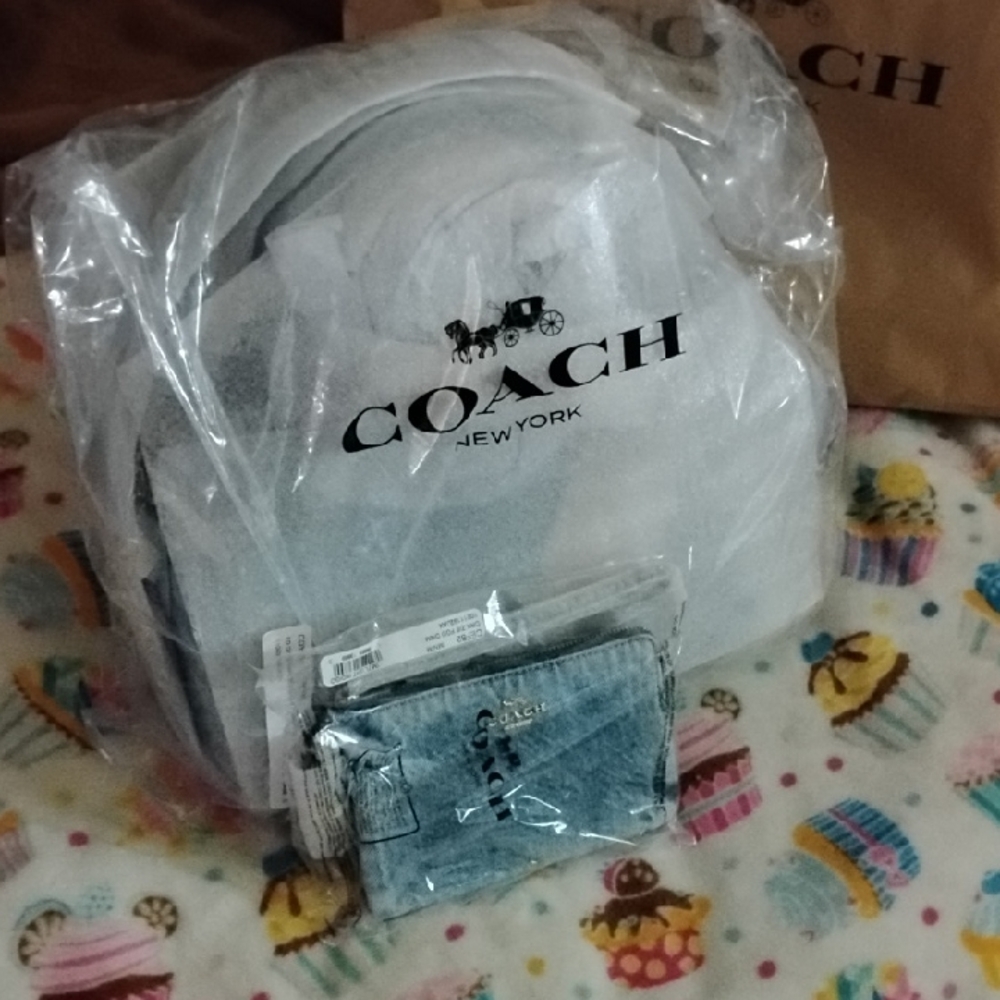 COACH Denim Rowan With Charms And Denim Wristlet With Charms SET